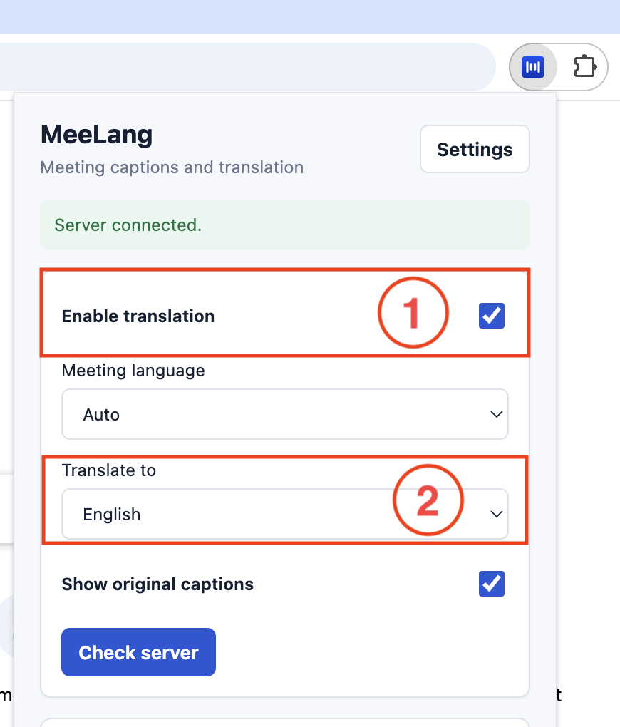 The MeeLang popup with Enable translation switched on and Translate to set to English